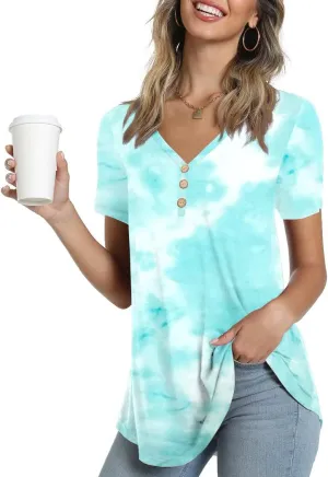 AWULIFFAN Womens Summer Short Sleeve Tunic Tops Loose Fit Casual T-Shirt Button Up Blouses