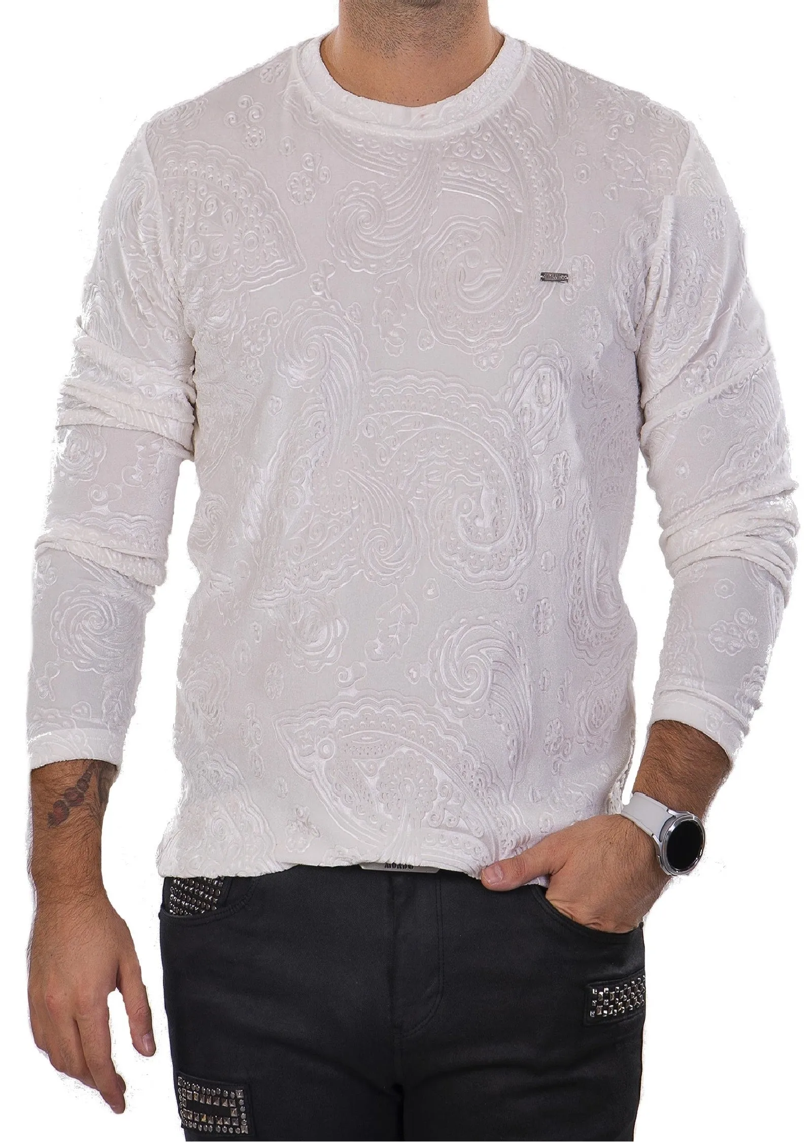 Beige Paisley Embossed Velour Sweater