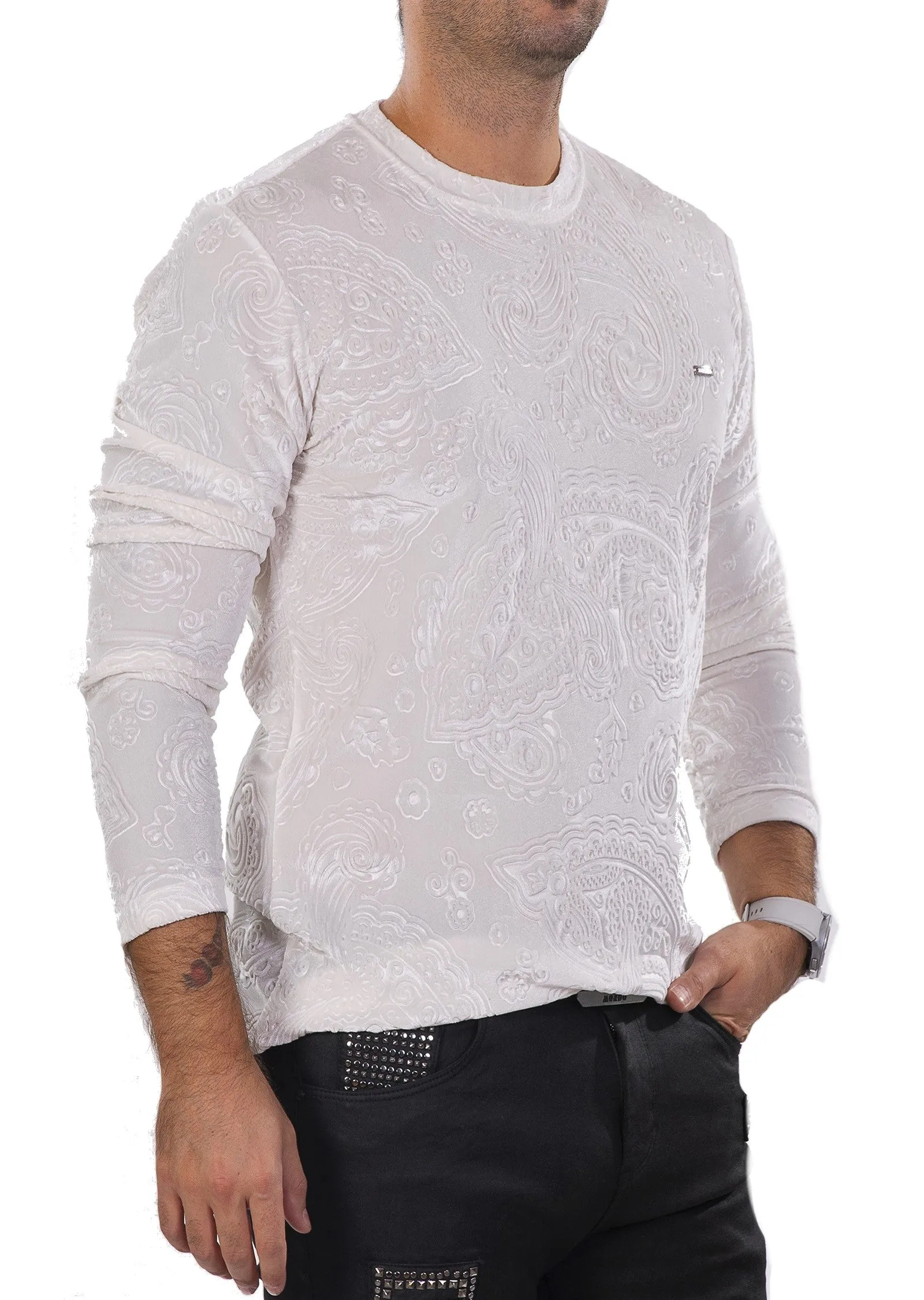 Beige Paisley Embossed Velour Sweater