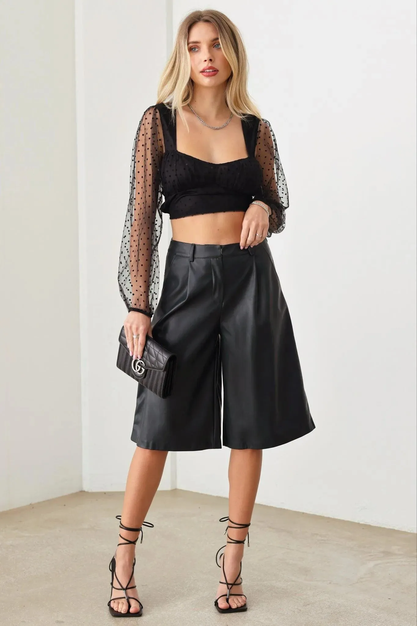 Faux Leather Wide Leg Bermuda Pants