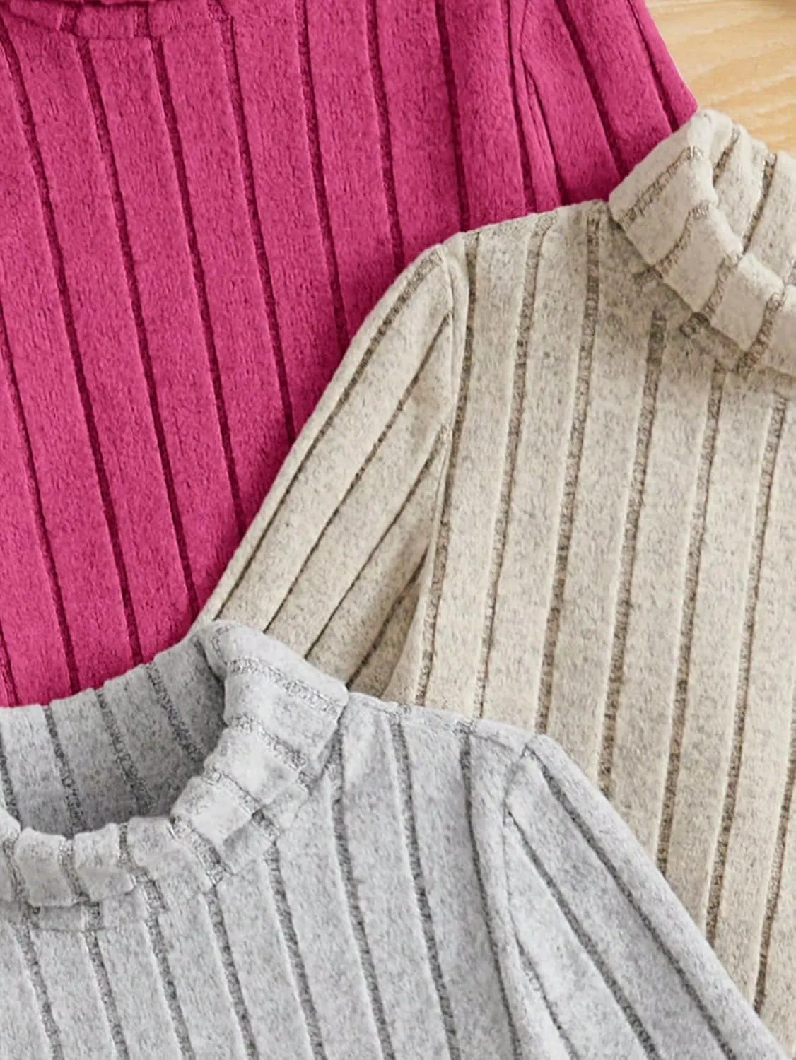 Floerns Girl's 3 Pcs Long Sleeve Solid Turtleneck Ribbed Knit Tee Shirt