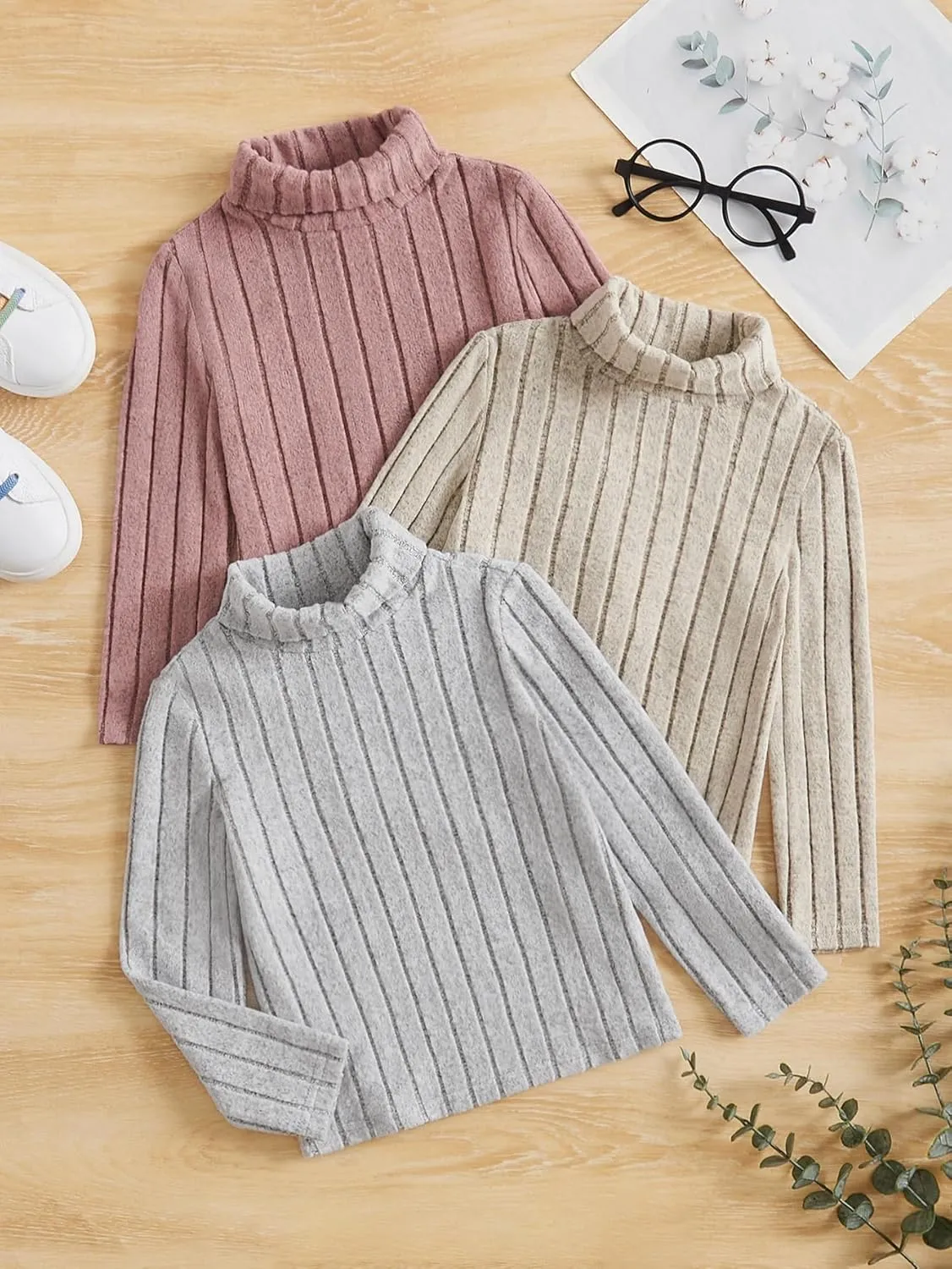 Floerns Girl's 3 Pcs Long Sleeve Solid Turtleneck Ribbed Knit Tee Shirt