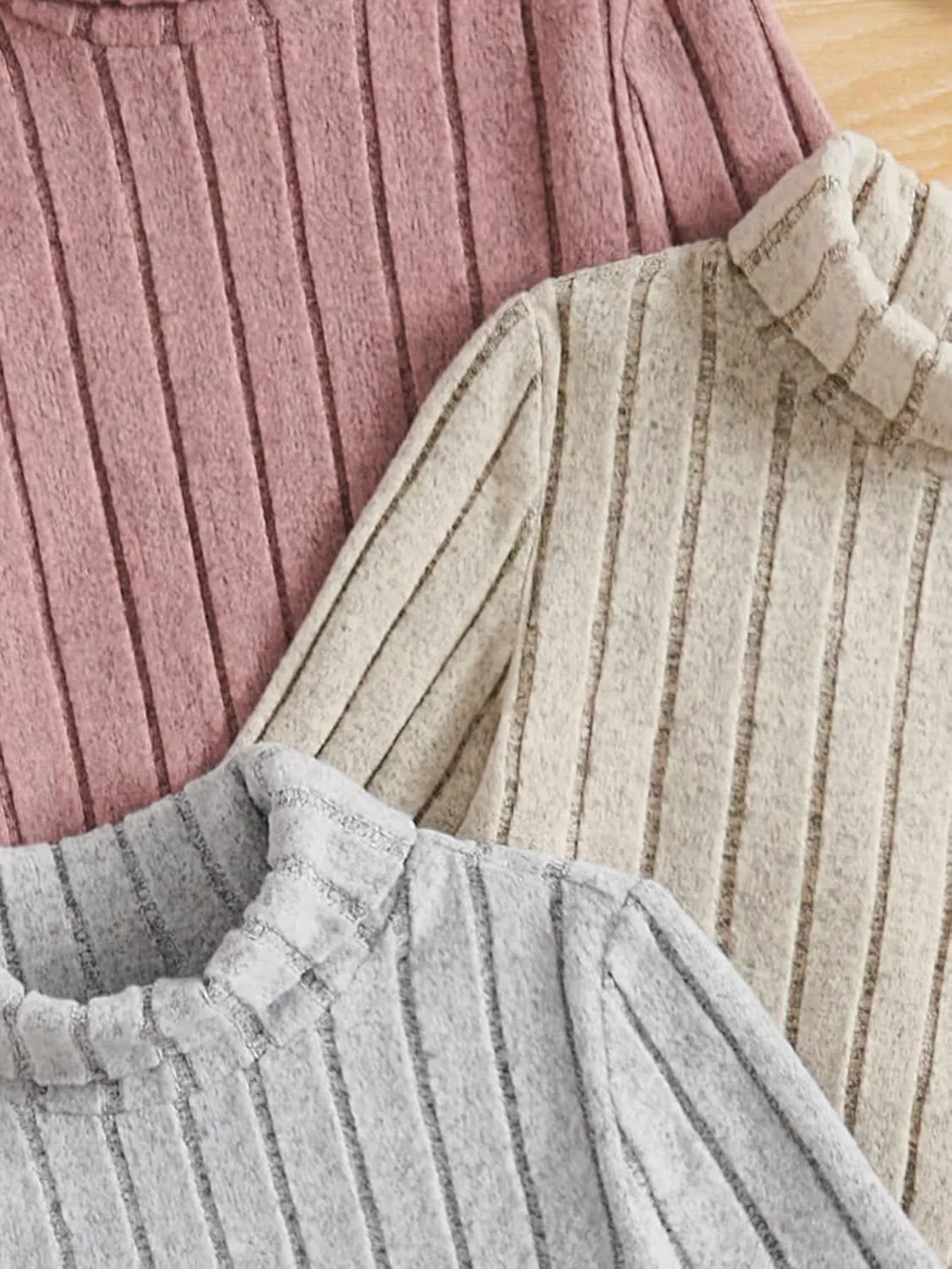 Floerns Girl's 3 Pcs Long Sleeve Solid Turtleneck Ribbed Knit Tee Shirt
