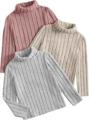 Floerns Girl's 3 Pcs Long Sleeve Solid Turtleneck Ribbed Knit Tee Shirt