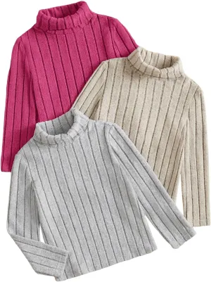 Floerns Girl's 3 Pcs Long Sleeve Solid Turtleneck Ribbed Knit Tee Shirt