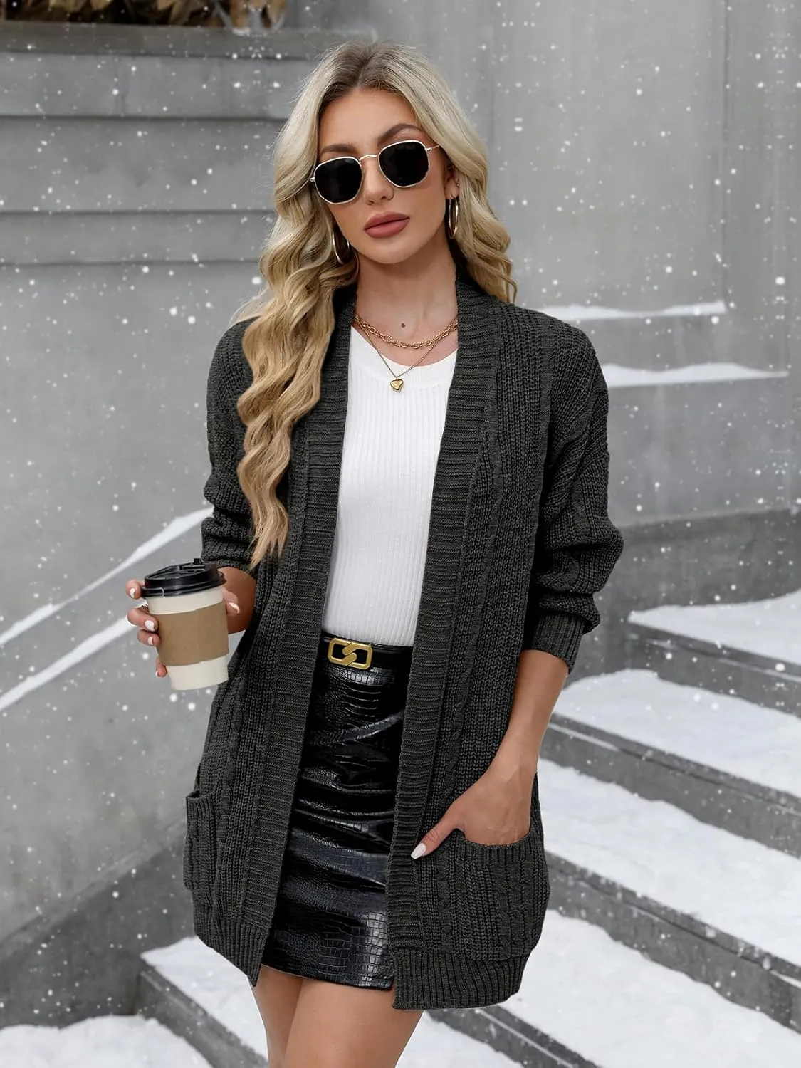 For G and PL Women's V-Neck Long Sleeve Cardigan Cable Knit Open Front with Pockets Sweater Outerwear