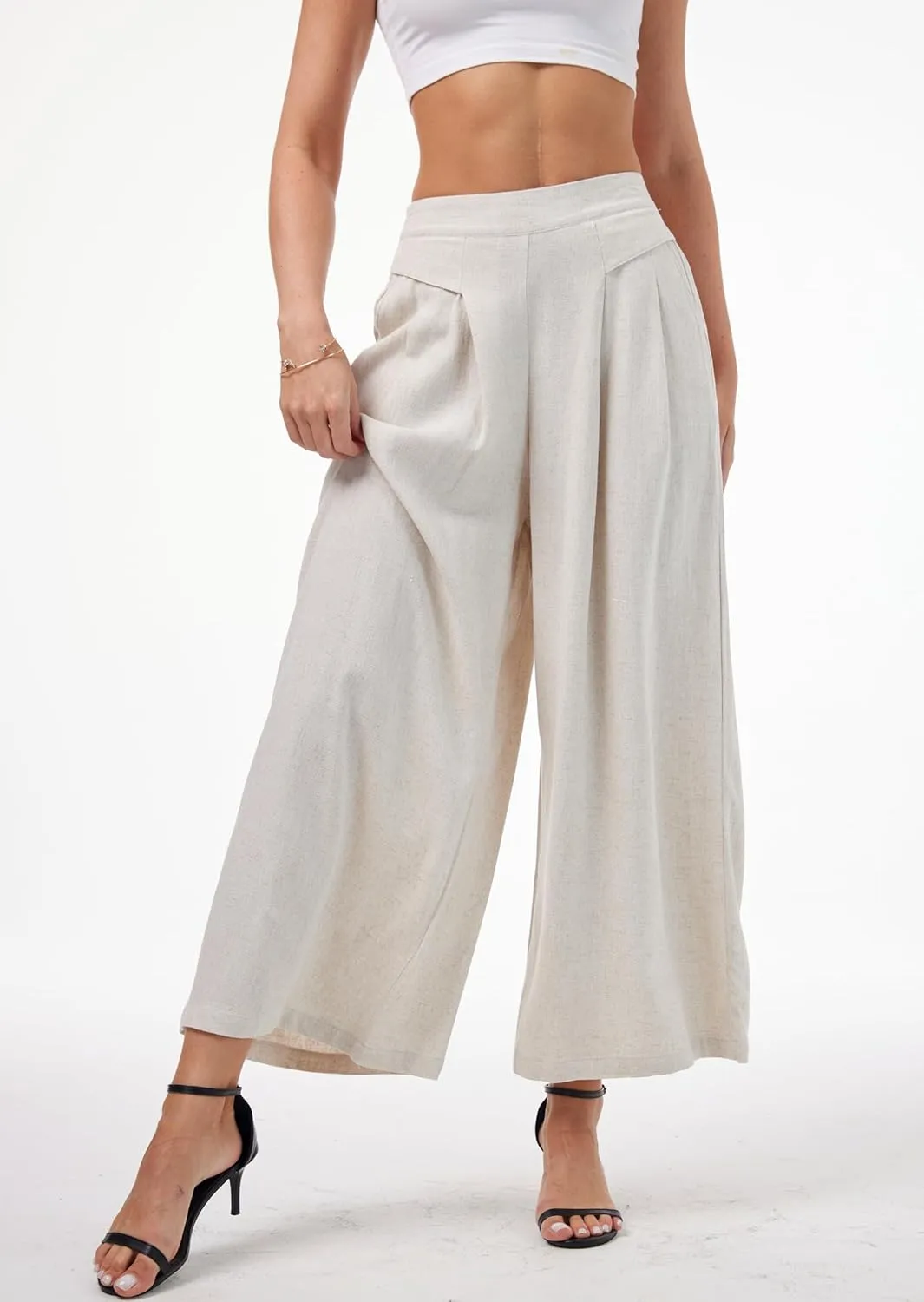 heipeiwa Women' s Culottes Linen Pants Summer Casual Flowy Beach Cotton Linen Wide Leg Palazzo Pants