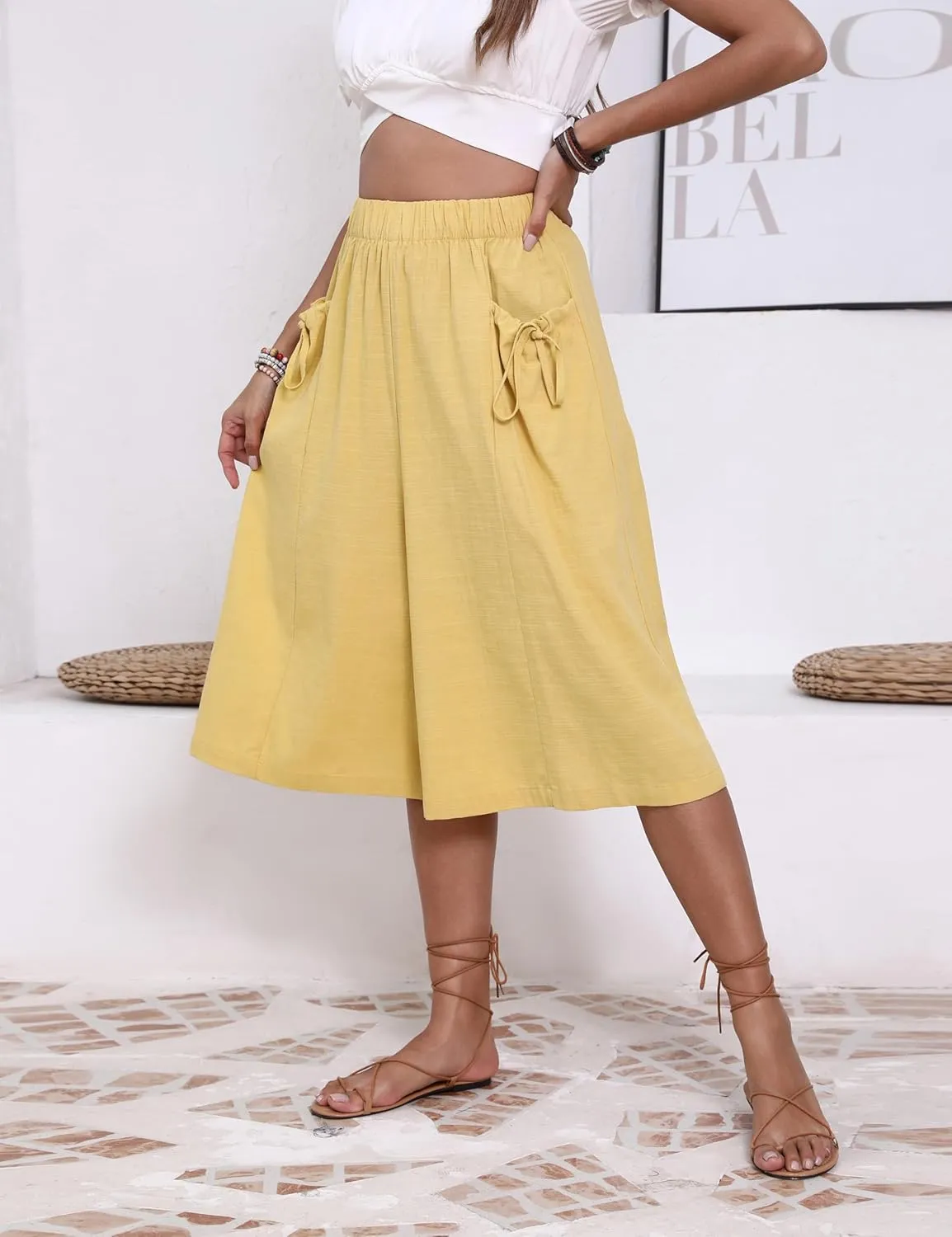 Hooever Women's Cotton Linen Culottes Pants Loose Wide Leg Capri Trousers with Big Pockets