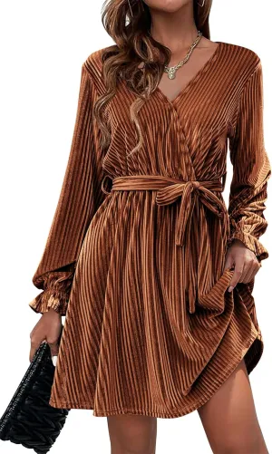 HOTOUCH Women's Velvet Dress Wrap V Neck Flared Dress Long Lantern Sleeve Dresses with Belt Cocktail Party Dress