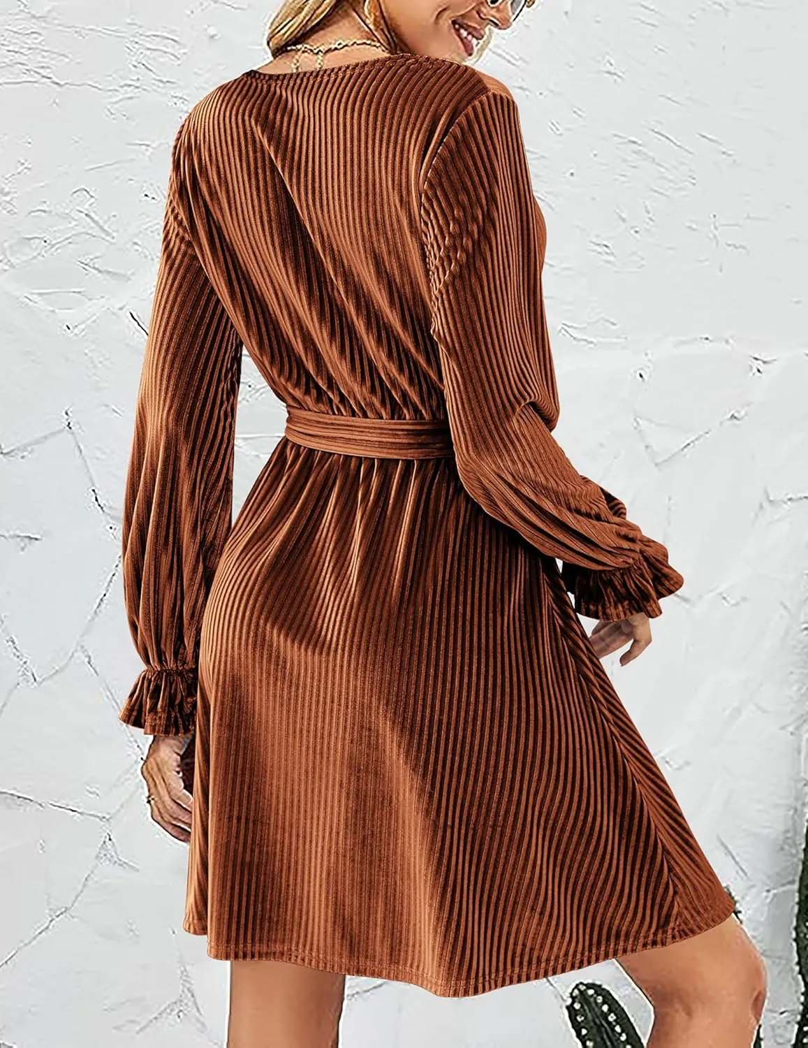 HOTOUCH Women's Velvet Dress Wrap V Neck Flared Dress Long Lantern Sleeve Dresses with Belt Cocktail Party Dress