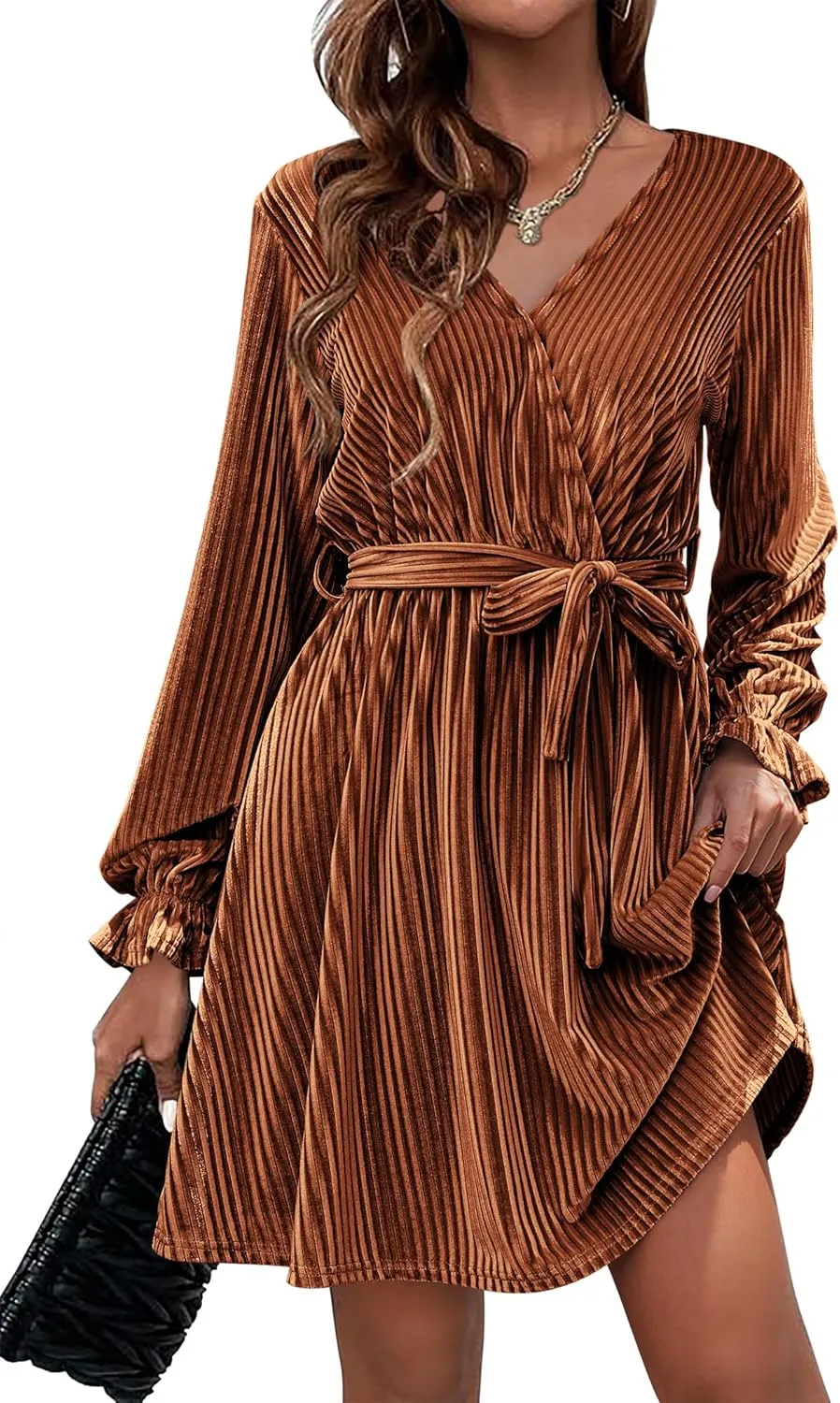 HOTOUCH Women's Velvet Dress Wrap V Neck Flared Dress Long Lantern Sleeve Dresses with Belt Cocktail Party Dress