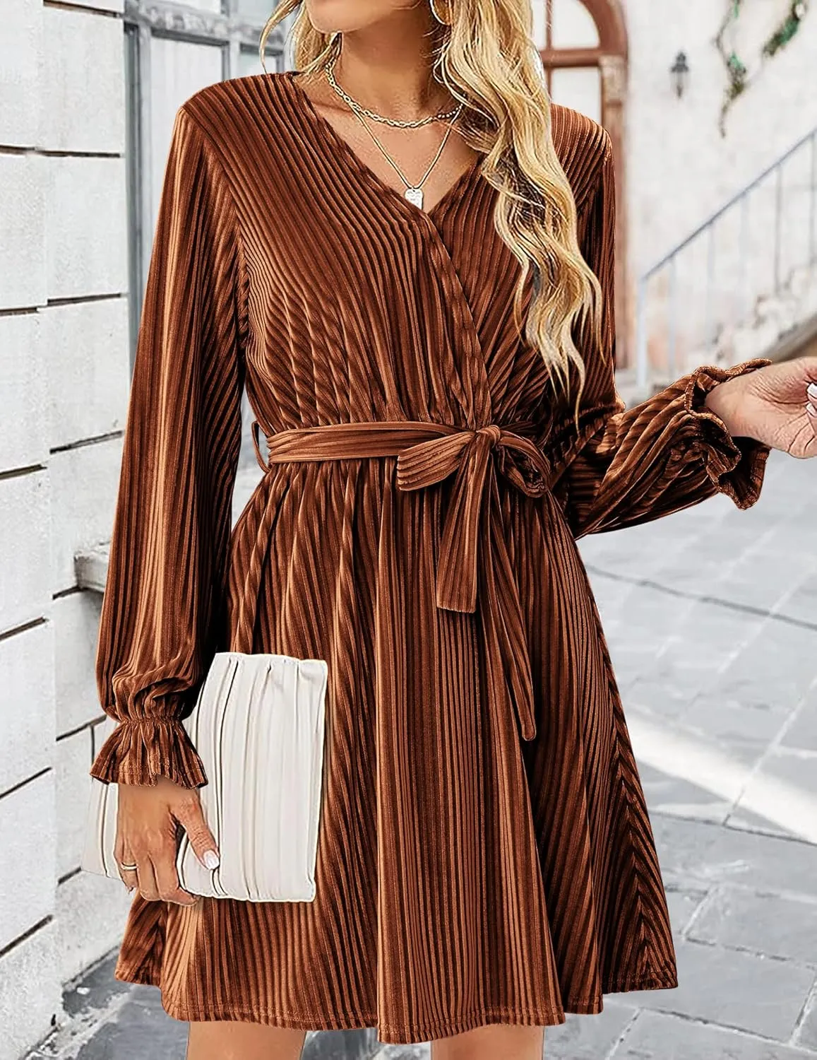 HOTOUCH Women's Velvet Dress Wrap V Neck Flared Dress Long Lantern Sleeve Dresses with Belt Cocktail Party Dress