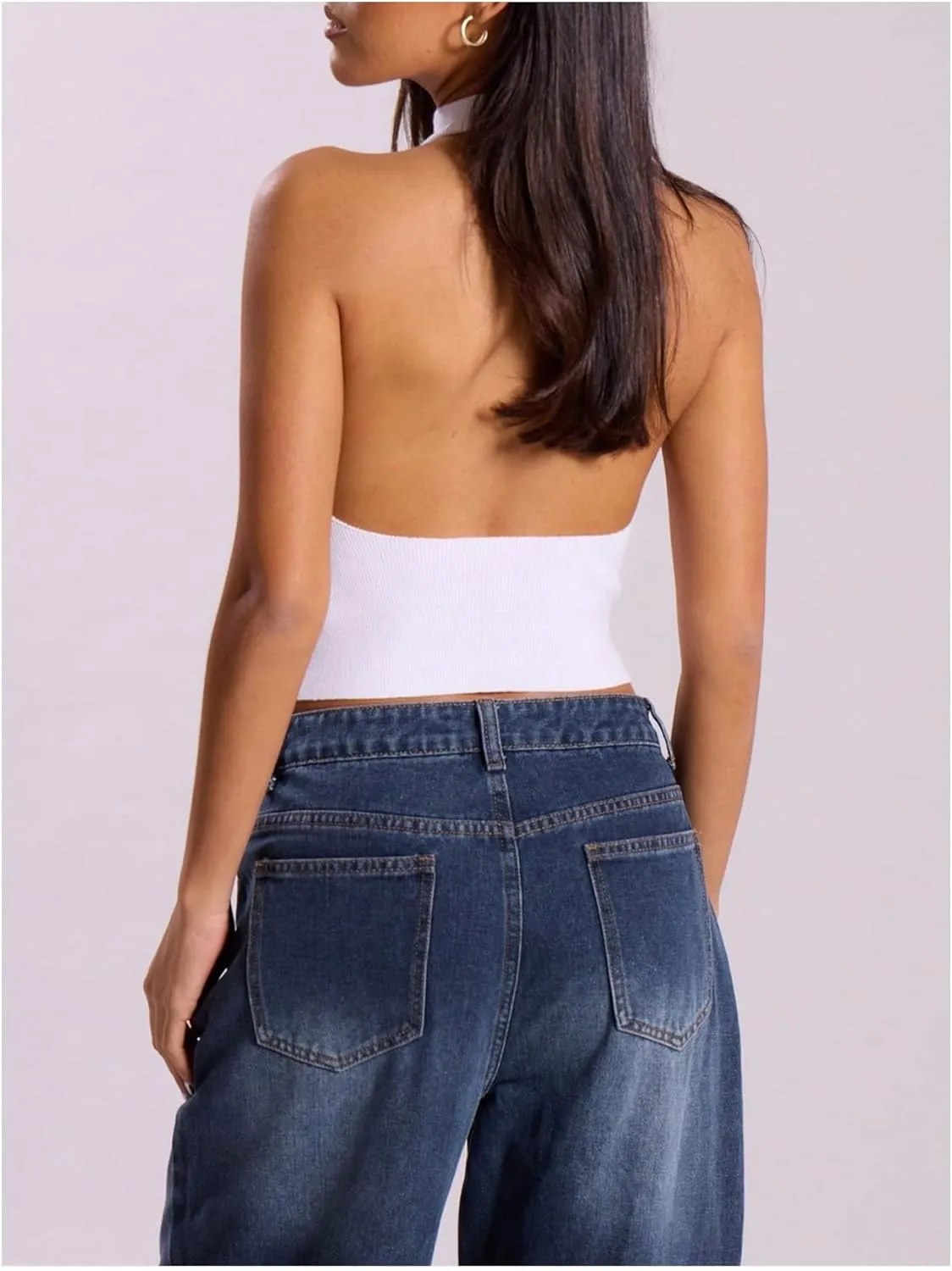 MakeMeChic Women's Mock Neck Sweater Halter Backless Rib Knit Fitted Crop Tops