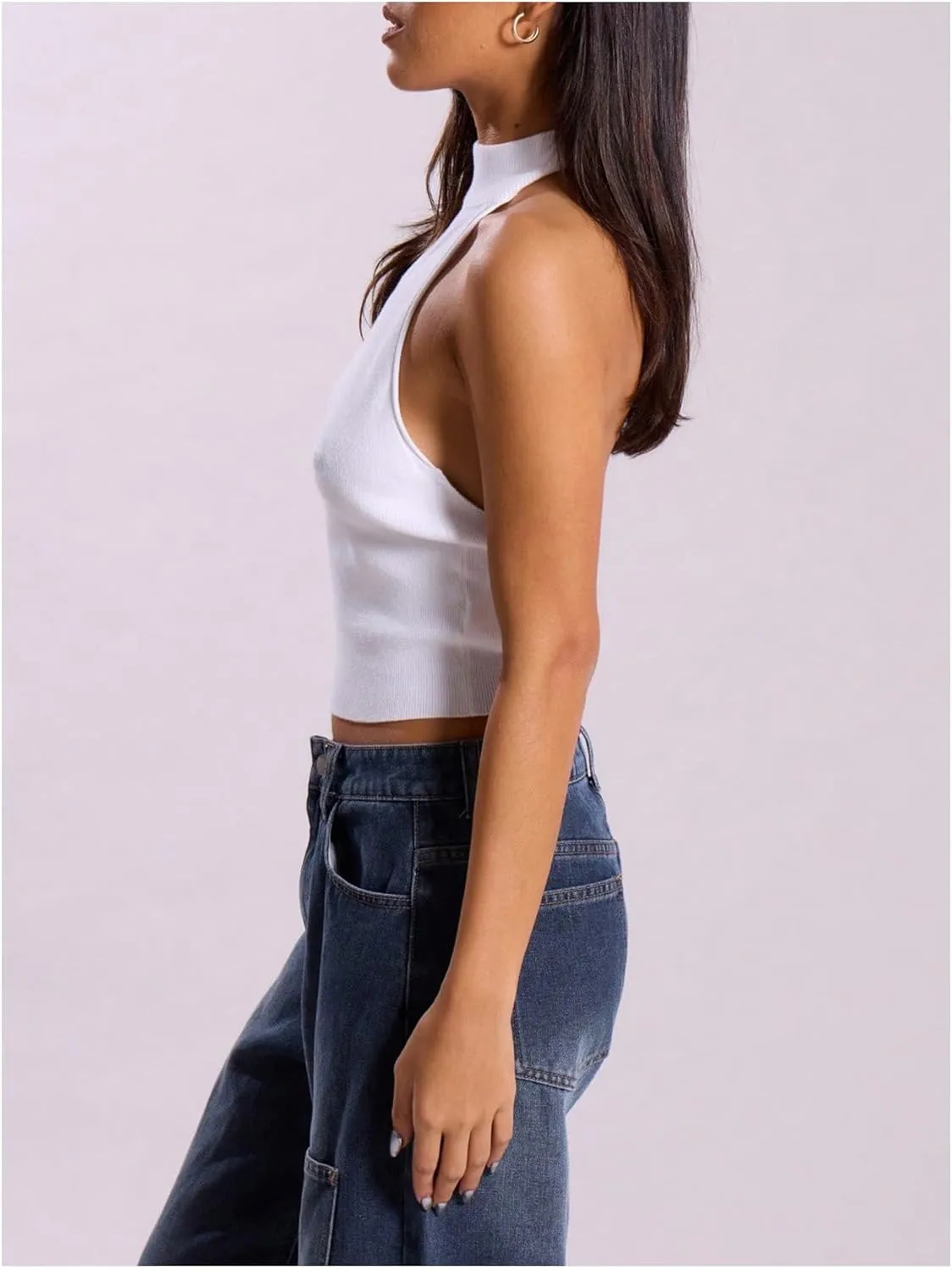 MakeMeChic Women's Mock Neck Sweater Halter Backless Rib Knit Fitted Crop Tops