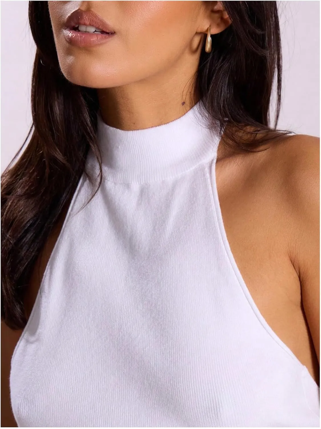 MakeMeChic Women's Mock Neck Sweater Halter Backless Rib Knit Fitted Crop Tops