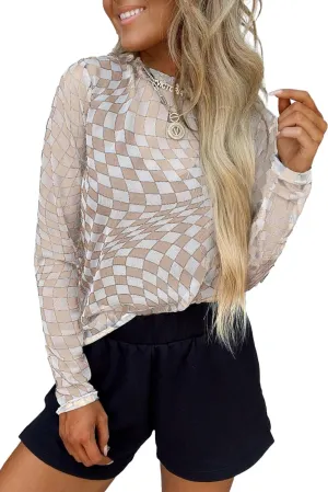 MARZXIN Women Mesh Long Sleeve Checkered Print Undershirt Sheer Mock Neck Tops See Through Going Out Blouses Shirts
