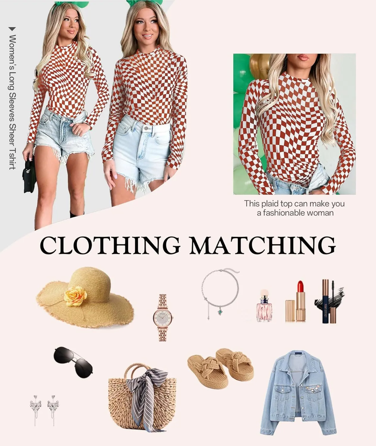 MARZXIN Women Mesh Long Sleeve Checkered Print Undershirt Sheer Mock Neck Tops See Through Going Out Blouses Shirts