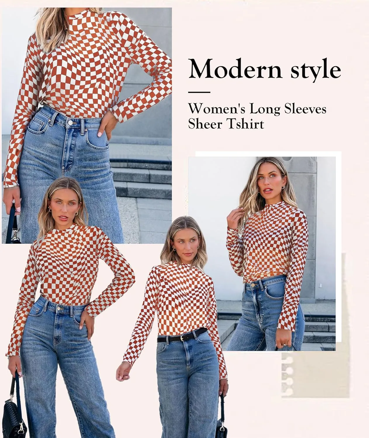 MARZXIN Women Mesh Long Sleeve Checkered Print Undershirt Sheer Mock Neck Tops See Through Going Out Blouses Shirts