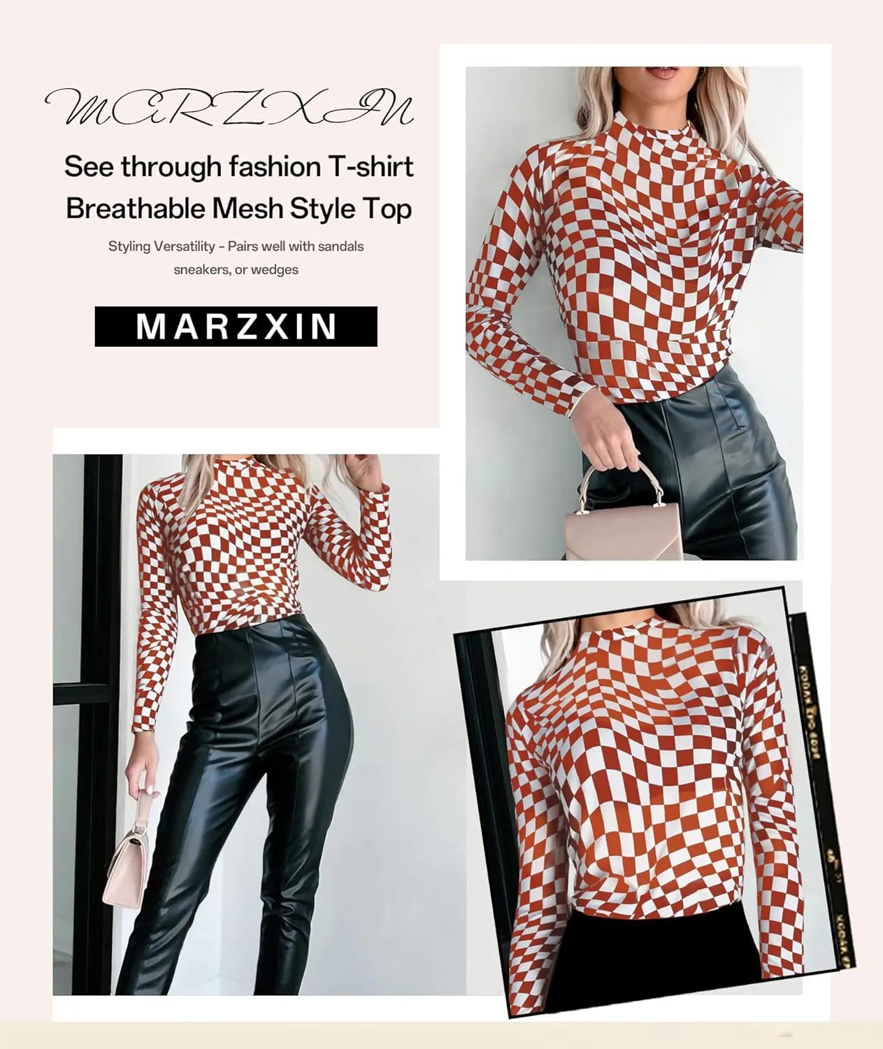 MARZXIN Women Mesh Long Sleeve Checkered Print Undershirt Sheer Mock Neck Tops See Through Going Out Blouses Shirts