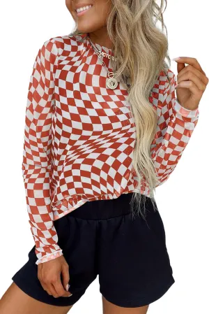 MARZXIN Women Mesh Long Sleeve Checkered Print Undershirt Sheer Mock Neck Tops See Through Going Out Blouses Shirts