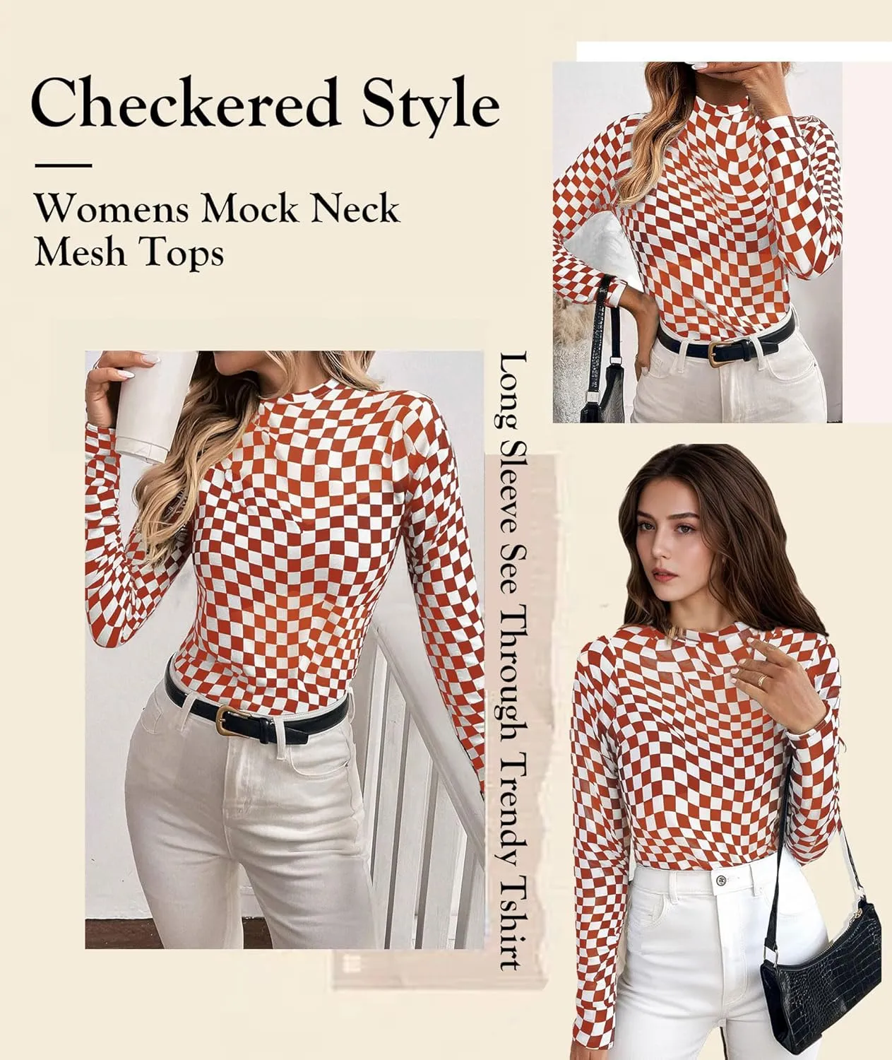 MARZXIN Women Mesh Long Sleeve Checkered Print Undershirt Sheer Mock Neck Tops See Through Going Out Blouses Shirts