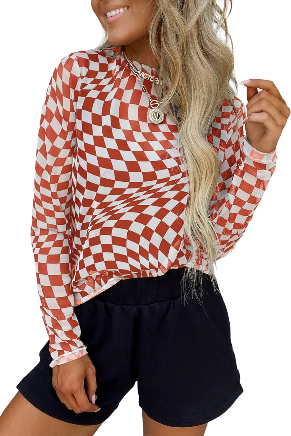 MARZXIN Women Mesh Long Sleeve Checkered Print Undershirt Sheer Mock Neck Tops See Through Going Out Blouses Shirts