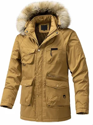 Men's Thick Thermal Jacket Winter Warm Windbreak Zip Front Fleece Lined Military Jacket with Removable Fur Hooded
