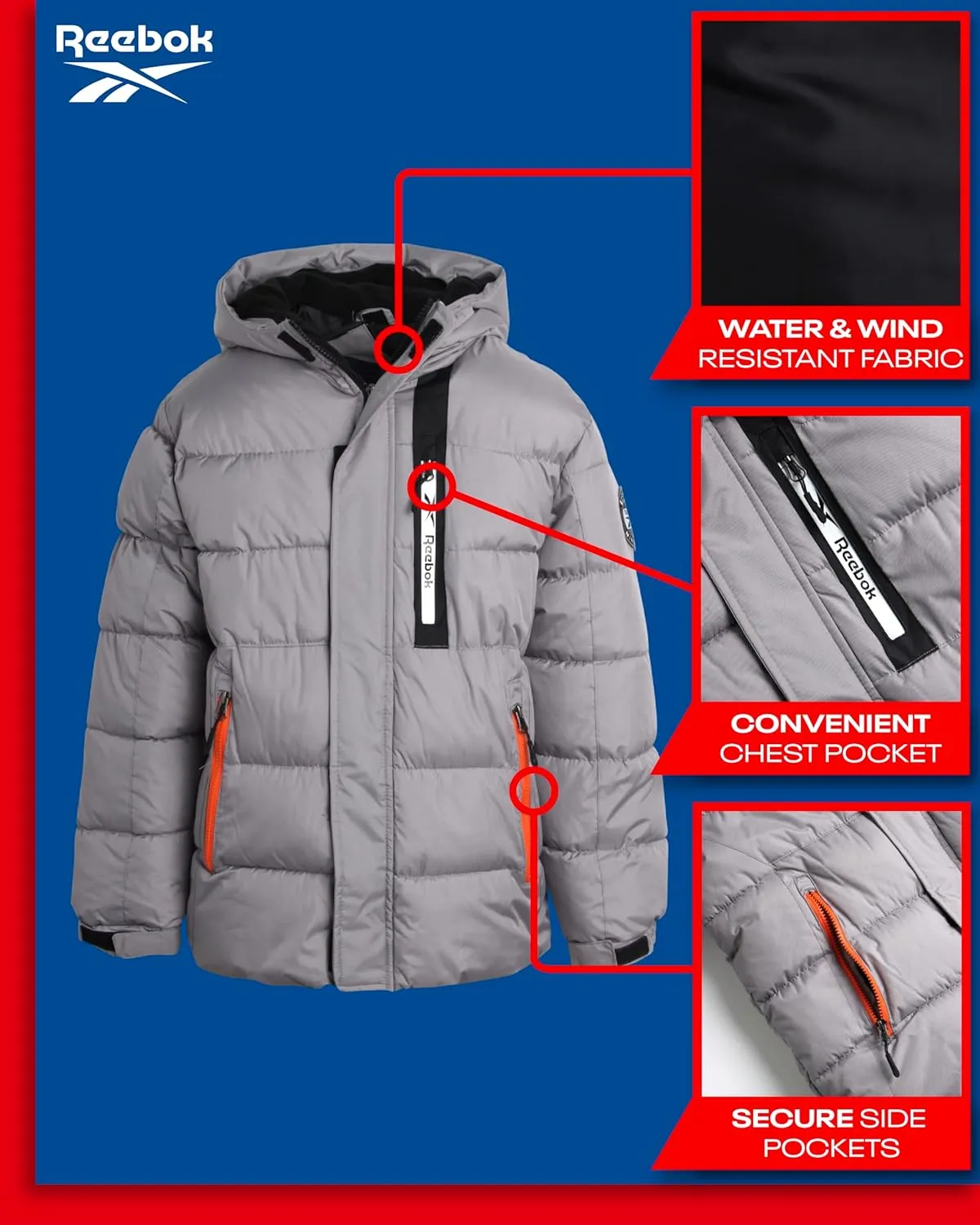 Reebok Boys' Winter Jacket - Heavyweight Quilted Puffer Parka Coat - Insulated Ski Jacket for Boys (8-20)