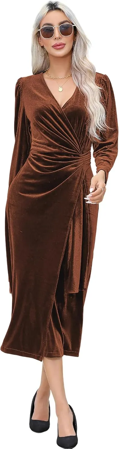 R.Vivimos Womens Velvet V Neck Wrap Dress Fall Winter Long Sleeve Waist Ruched Elastic Elegant Midi Dress