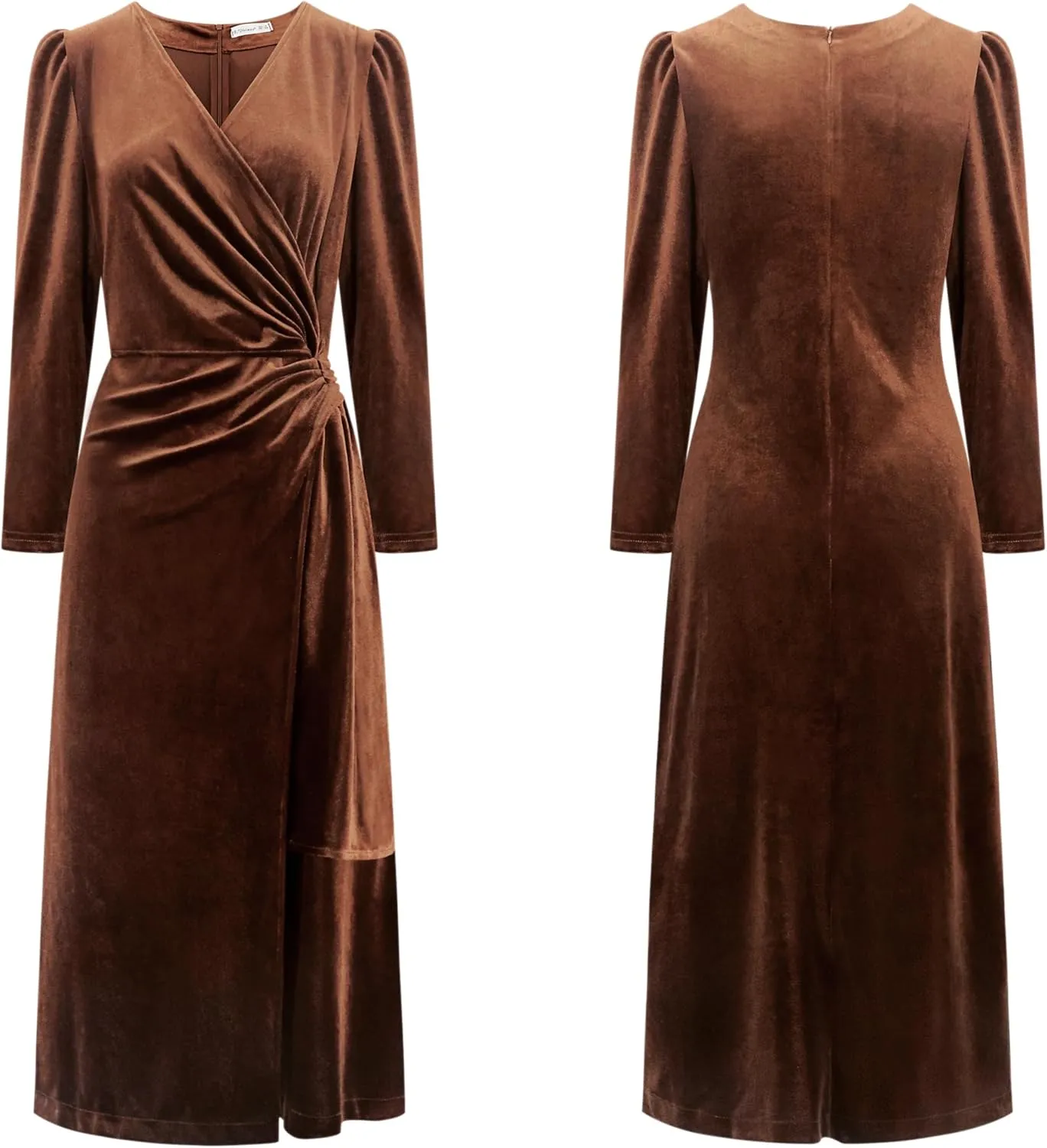 R.Vivimos Womens Velvet V Neck Wrap Dress Fall Winter Long Sleeve Waist Ruched Elastic Elegant Midi Dress