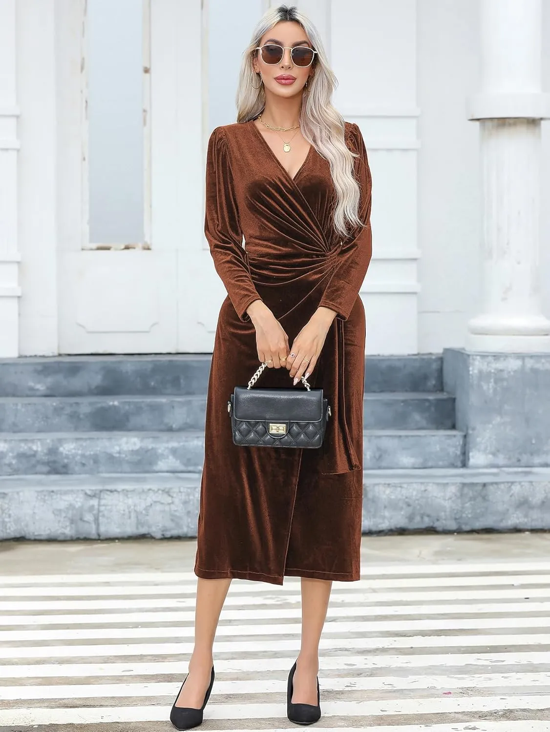 R.Vivimos Womens Velvet V Neck Wrap Dress Fall Winter Long Sleeve Waist Ruched Elastic Elegant Midi Dress
