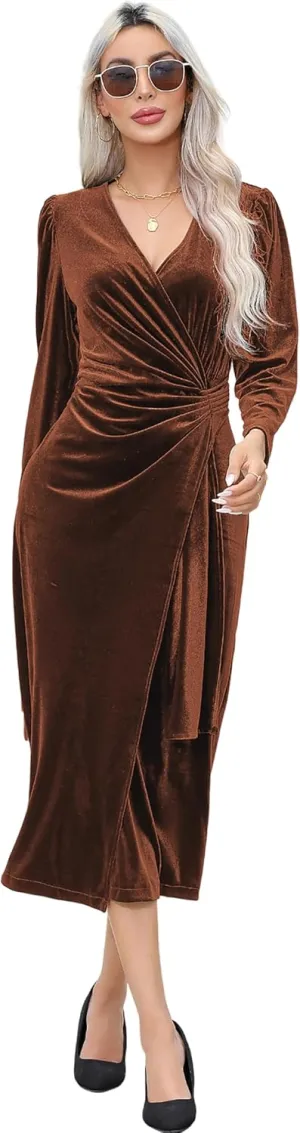 R.Vivimos Womens Velvet V Neck Wrap Dress Fall Winter Long Sleeve Waist Ruched Elastic Elegant Midi Dress
