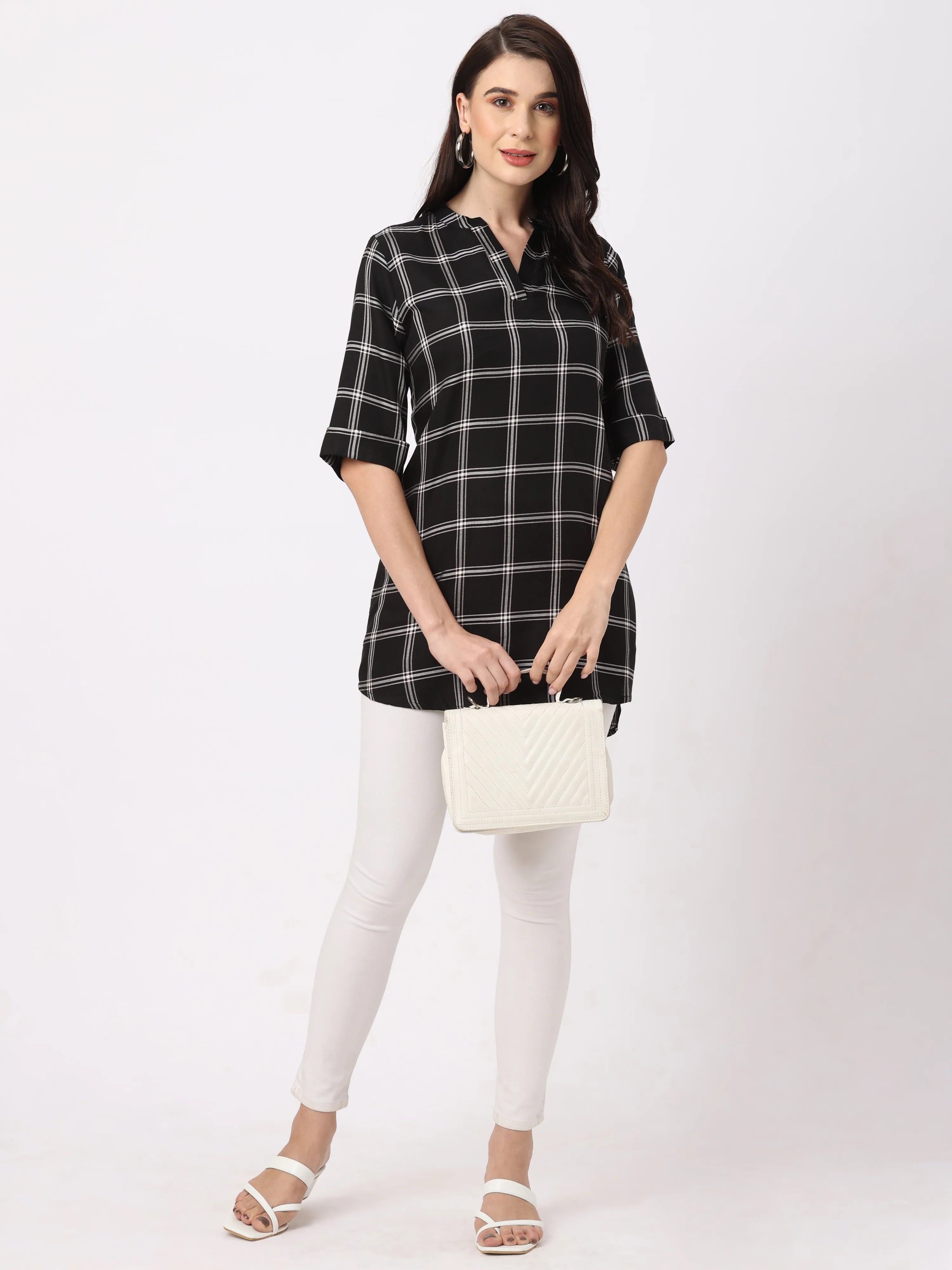 Stylish Black Checkered Women’s Tunic Top