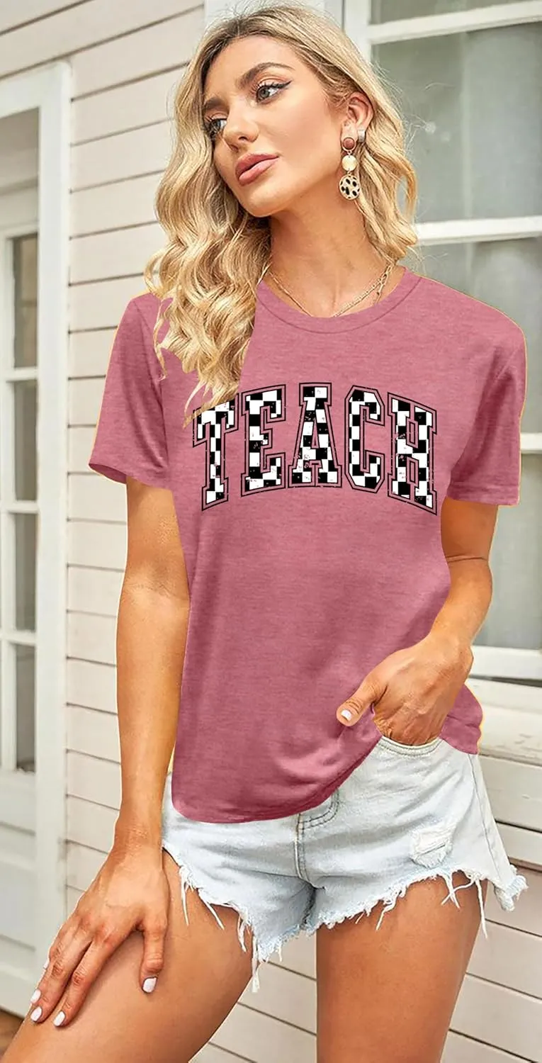 Teacher Shirts Women: Checkered Teach Printed T-Shirt Graphic Teaching Gifts Tees Casual Short Sleeve Tops