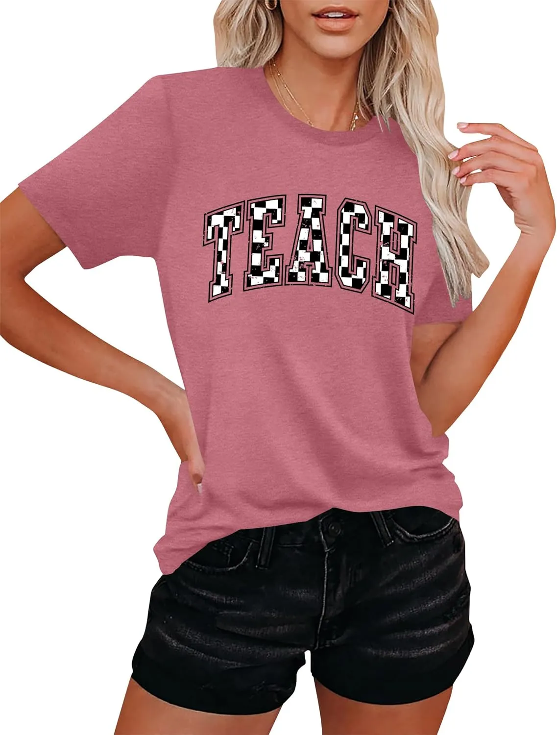 Teacher Shirts Women: Checkered Teach Printed T-Shirt Graphic Teaching Gifts Tees Casual Short Sleeve Tops