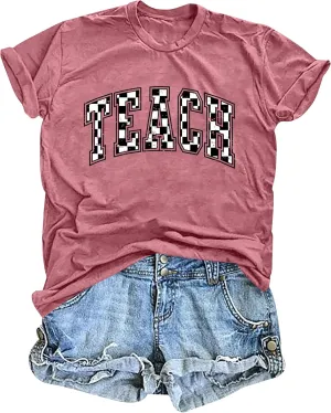 Teacher Shirts Women: Checkered Teach Printed T-Shirt Graphic Teaching Gifts Tees Casual Short Sleeve Tops