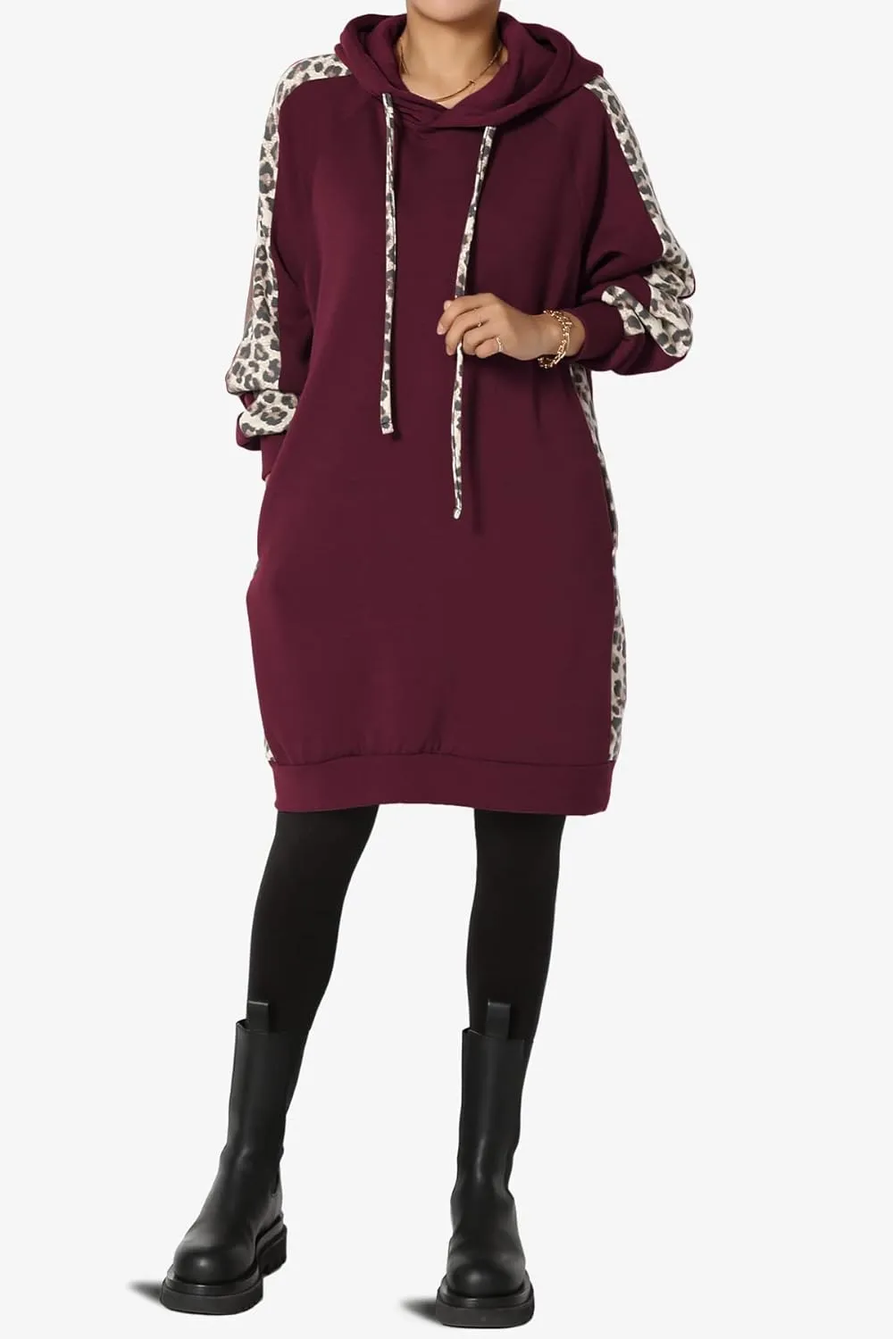 TheMogan Leopard Accent Loose Fit Pocket Pullover Hoodie Long Tunic Sweatshirts