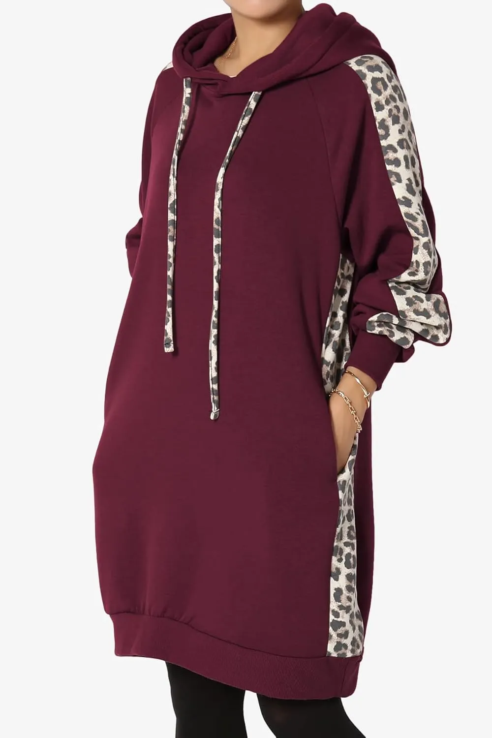 TheMogan Leopard Accent Loose Fit Pocket Pullover Hoodie Long Tunic Sweatshirts