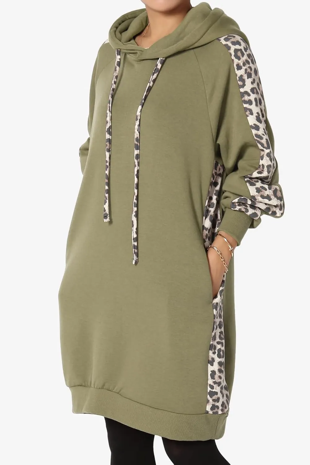 TheMogan Leopard Accent Loose Fit Pocket Pullover Hoodie Long Tunic Sweatshirts