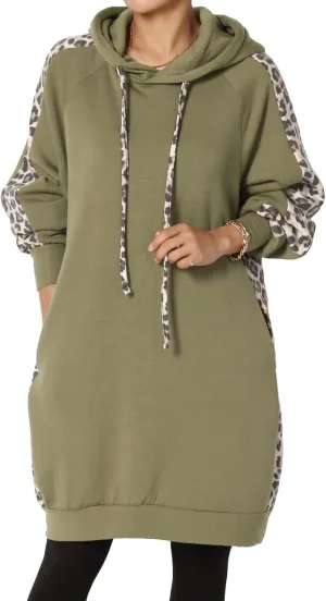 TheMogan Leopard Accent Loose Fit Pocket Pullover Hoodie Long Tunic Sweatshirts
