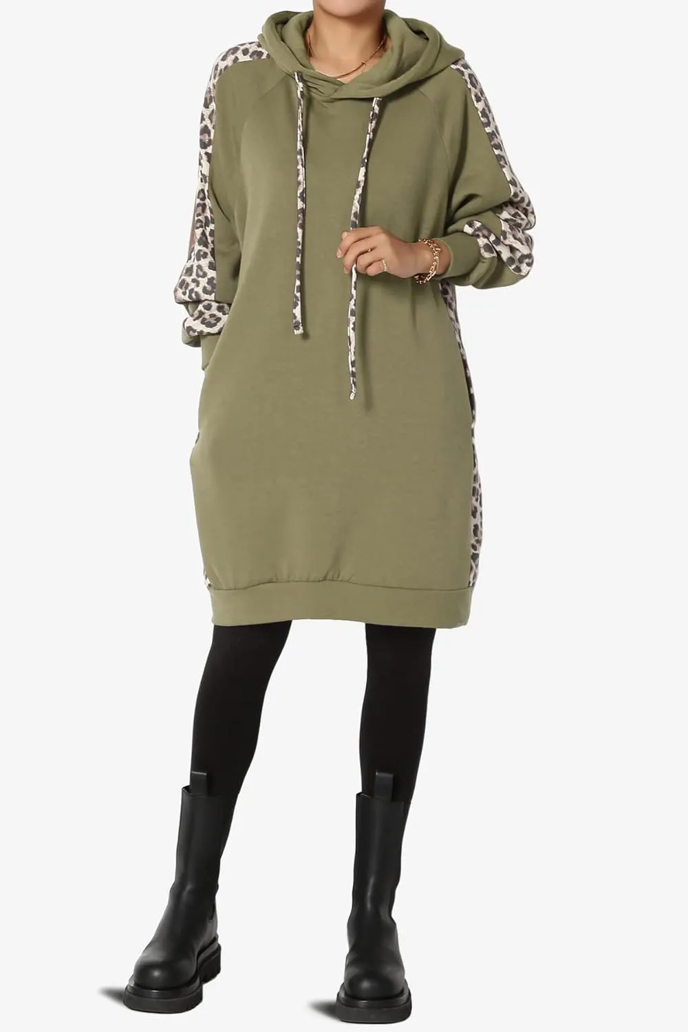 TheMogan Leopard Accent Loose Fit Pocket Pullover Hoodie Long Tunic Sweatshirts