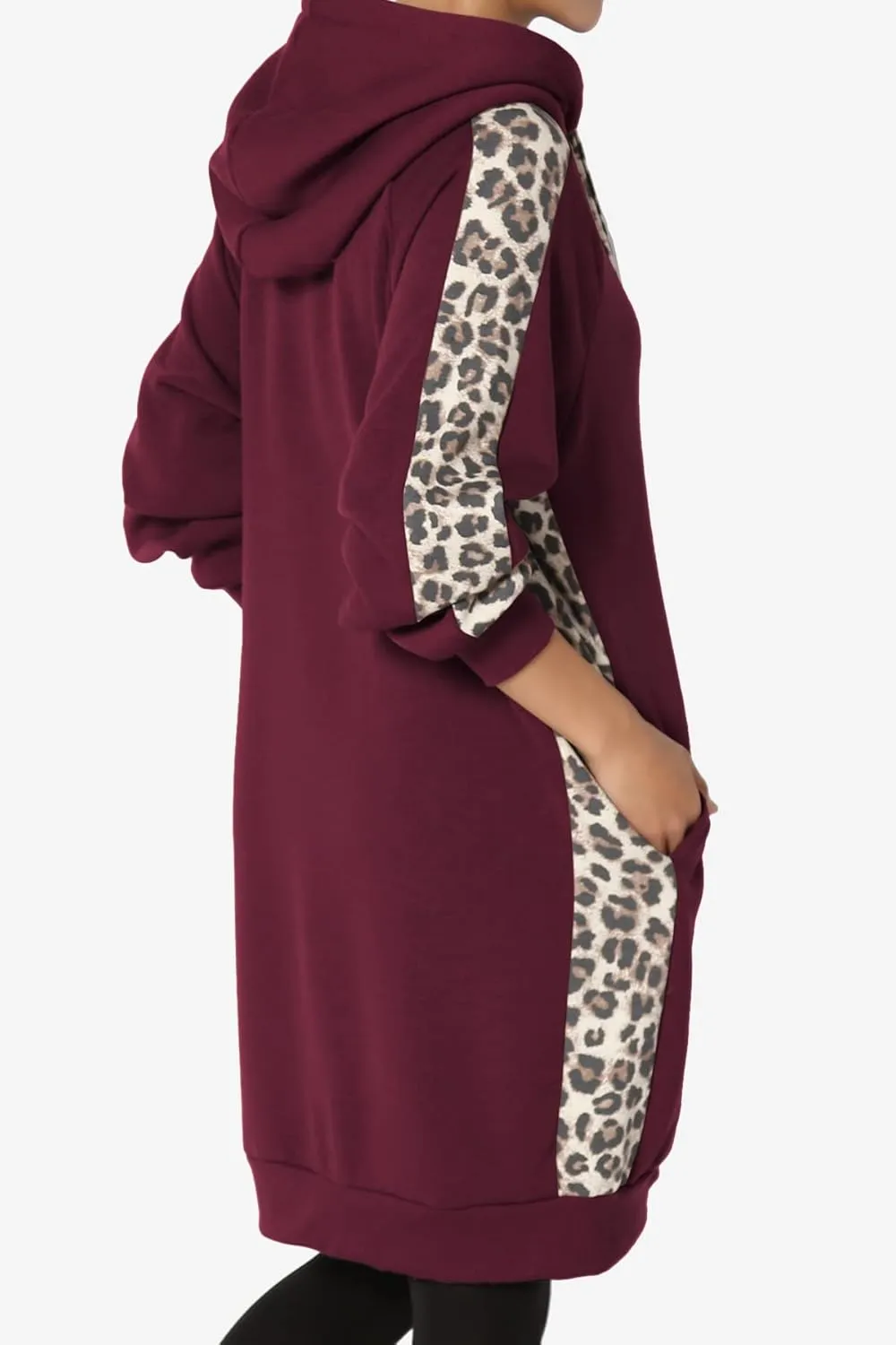 TheMogan Leopard Accent Loose Fit Pocket Pullover Hoodie Long Tunic Sweatshirts
