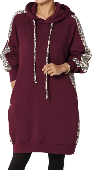 TheMogan Leopard Accent Loose Fit Pocket Pullover Hoodie Long Tunic Sweatshirts