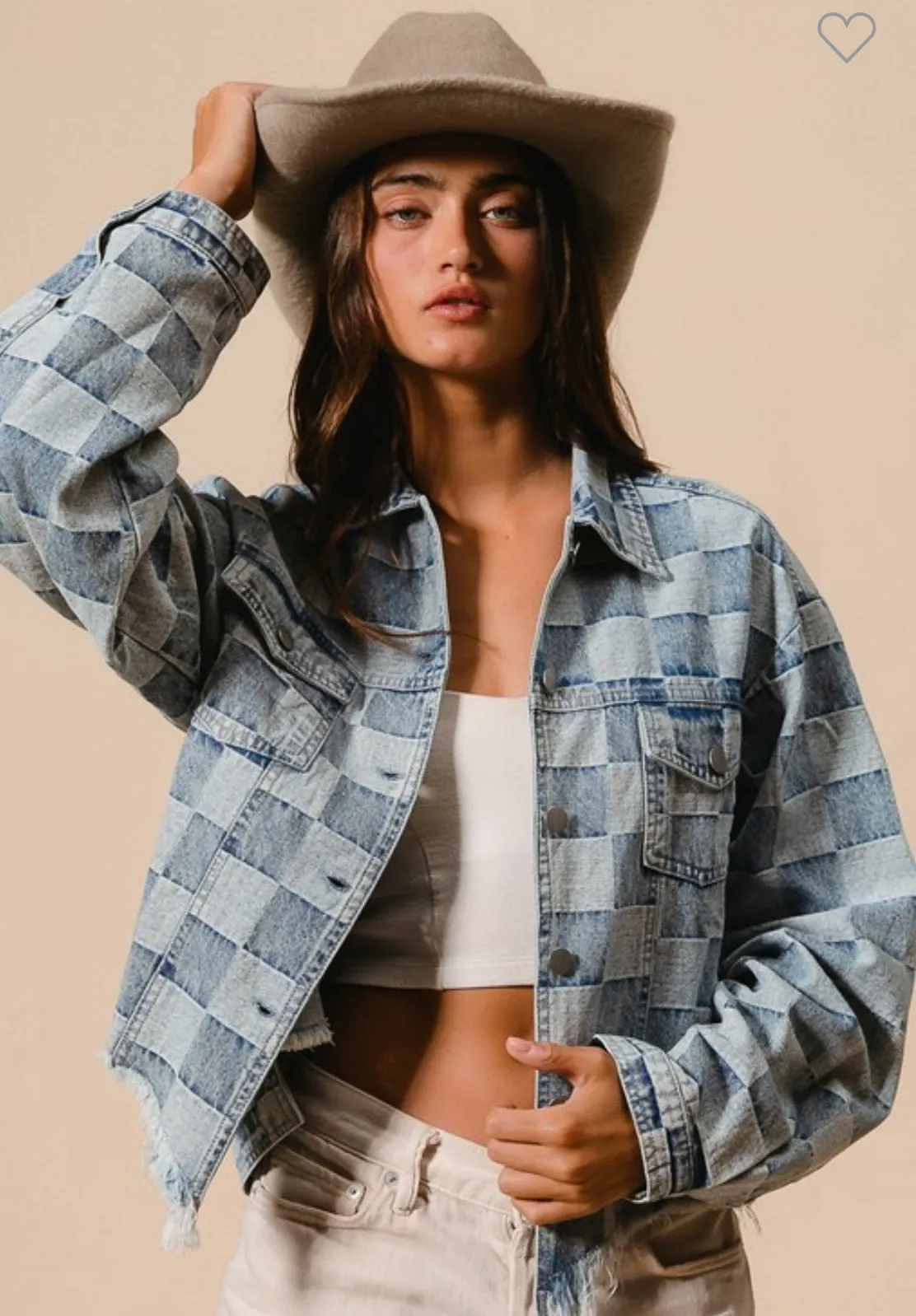 Washed Checker Denim Distressed Hem Jacket /Stuffology Boutique