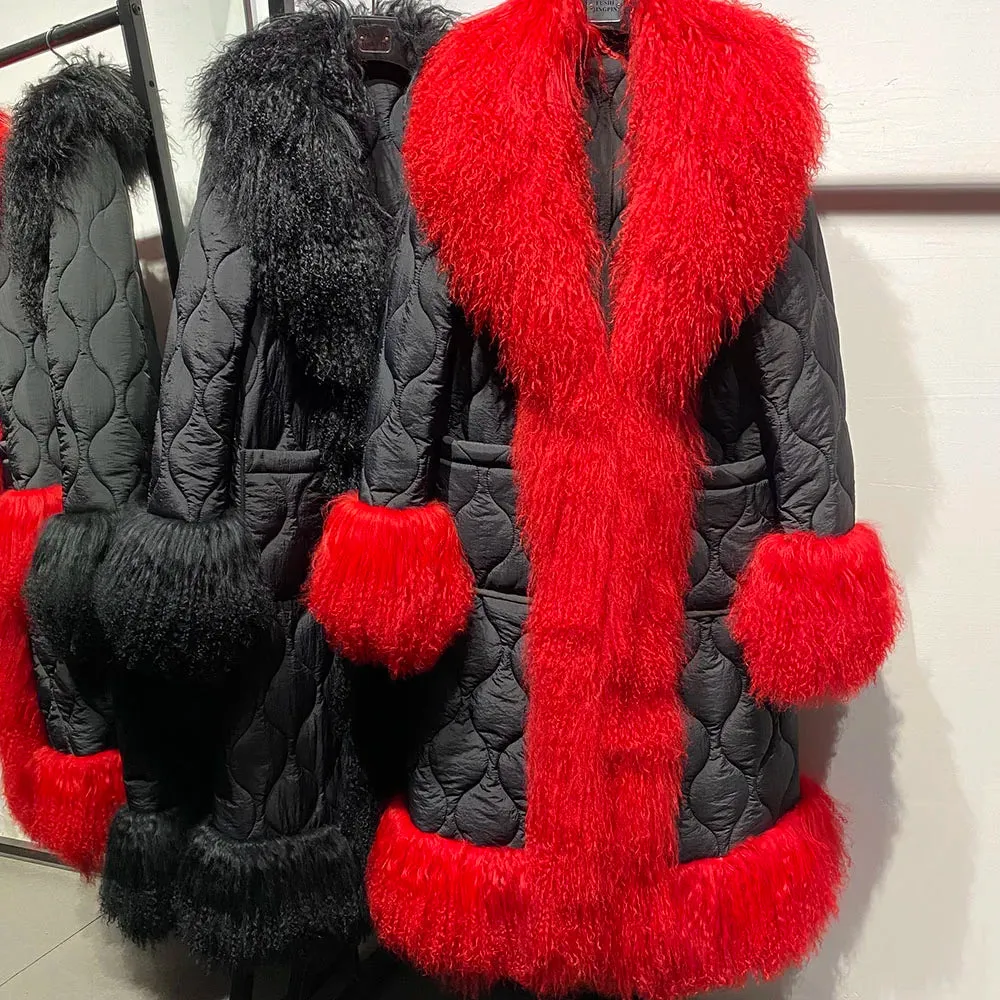 Women's Mongolian Sheep Curly Fur Quilted Coat