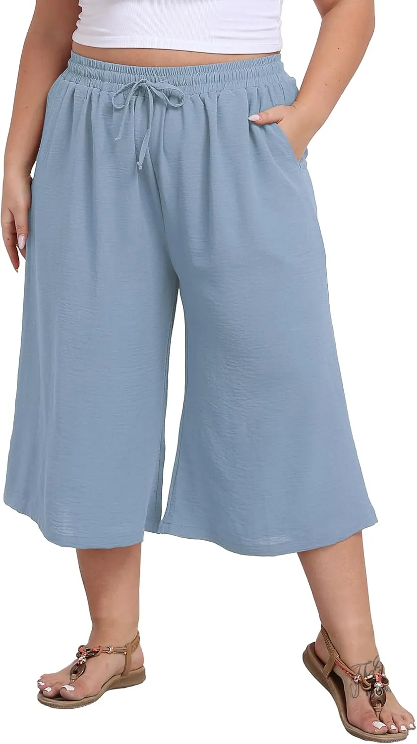 Women's Plus Size Capri Culottes Pants High Waisted Wide Leg Palazzo Trousers with Pockets for Summer Casual Wear