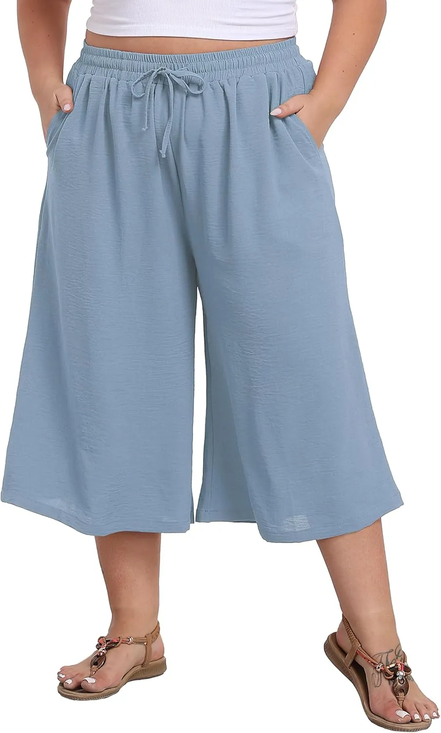 Women's Plus Size Capri Culottes Pants High Waisted Wide Leg Palazzo Trousers with Pockets for Summer Casual Wear