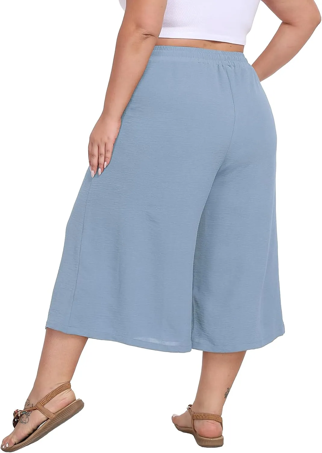 Women's Plus Size Capri Culottes Pants High Waisted Wide Leg Palazzo Trousers with Pockets for Summer Casual Wear