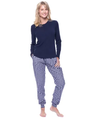 Women's Premium Flannel Jogger Lounge Set - Gingham Blue/Heather