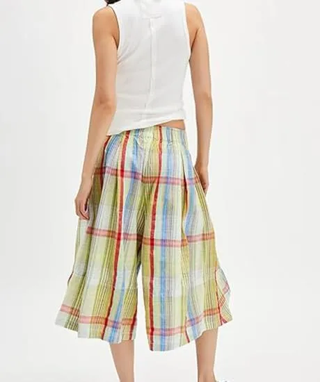 Womens Summer Boho Wide Leg Culotte Pants Casual Elastic Waisted Palazzo Trousers Colorful Plaid Capris with Pockets